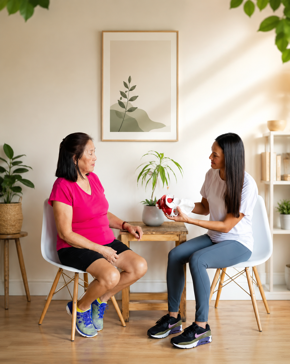 Physiotherapist assessing a patient for pelvic floor condition